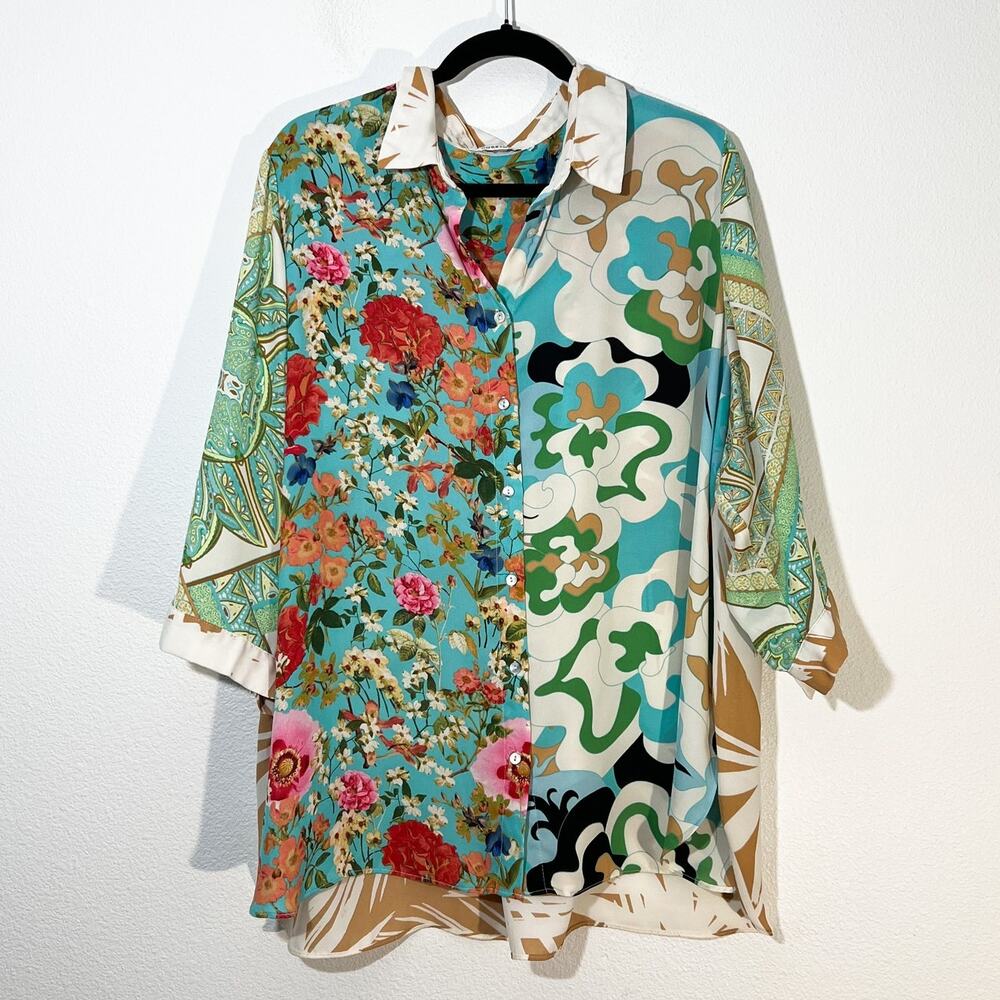 Rose + Olive Top 2X Womens Plus Size Artsy Floral Button Up Blouse Flowy Boho